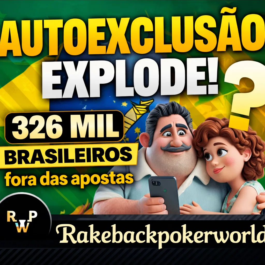 Thumbnail com texto “Autoexclusão Explode! 326 mil brasileiros fora das apostas”, fundo com bandeira do Brasil em verde e amarelo, número 326 mil em destaque, ponto de interrogação grande à direita, casal estilizado olhando celular e logo Rakebackpokerworld na parte inferior
