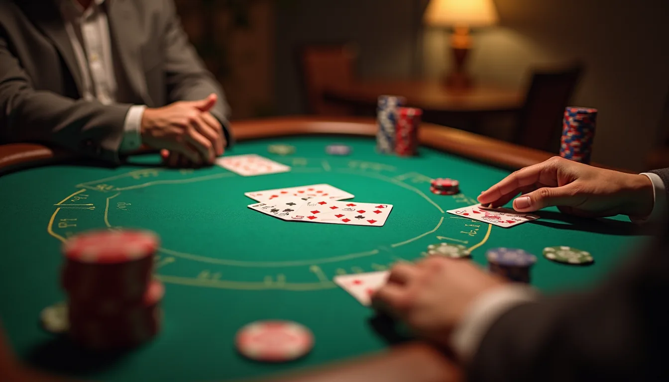 High angle view de mesa de poker com cartas e fichas em ambiente sofisticado