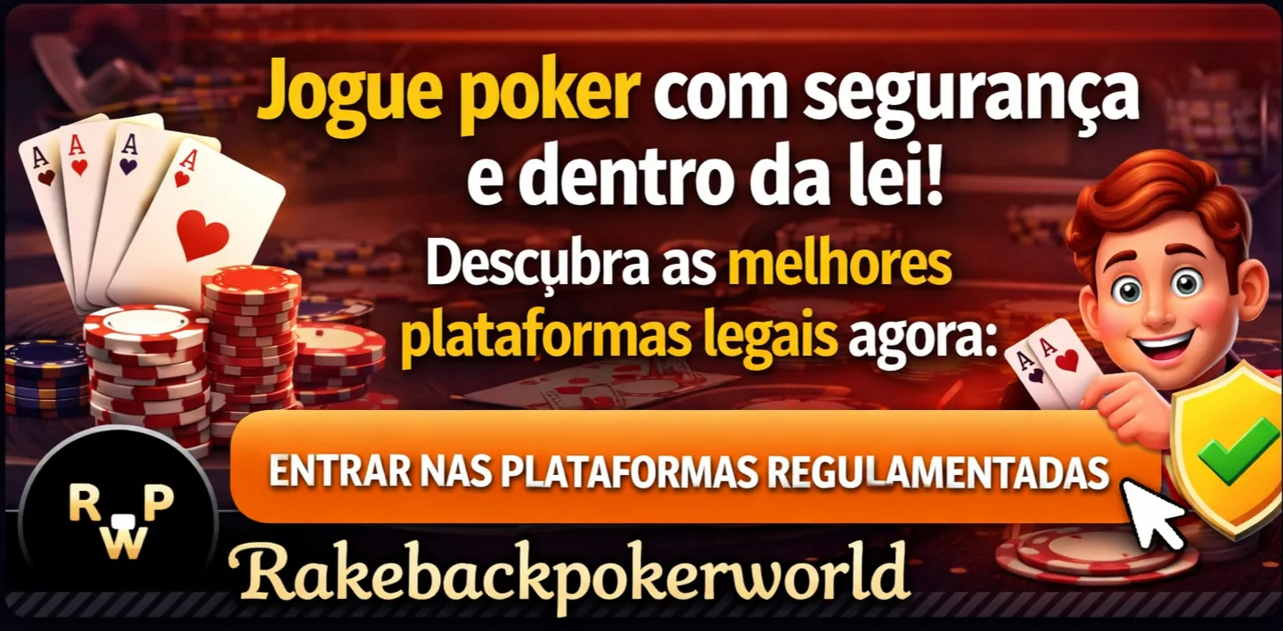 Banner promocional do Rakebackpokerworld com texto “Jogue poker com segurança e dentro da lei! Descubra as melhores plataformas legais agora”, fundo com mesa de poker e fichas vermelhas, cartas de ás, botão laranja “Entrar nas plataformas regulamentadas”, personagem segurando cartas e escudo verde de segurança