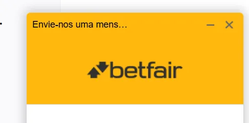 Janela de chat flutuante da Betfair em fundo amarelo com a frase “Envie-nos uma mensagem…” no topo. À direita há ícones de minimizar e fechar. Ao centro, o logotipo da Betfair em preto. A área de conversa abaixo aparece em branco, sem mensagens.