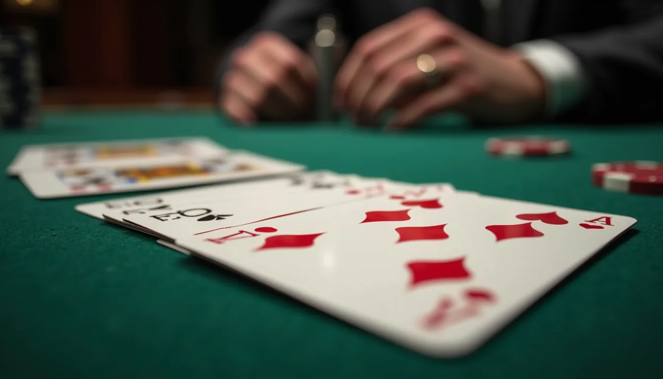 Eye-level view of poker cards spread on a table showing a Hi Lo hand